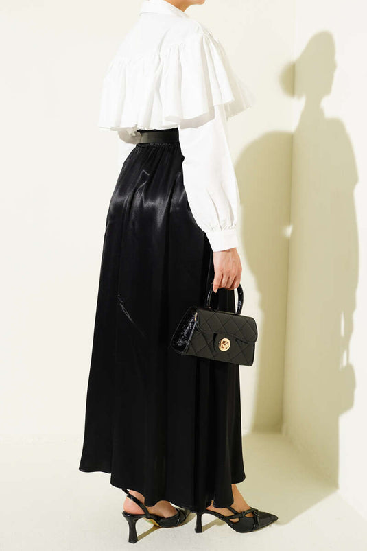 Satin Skirt with Elastic Waistband and Belt Black