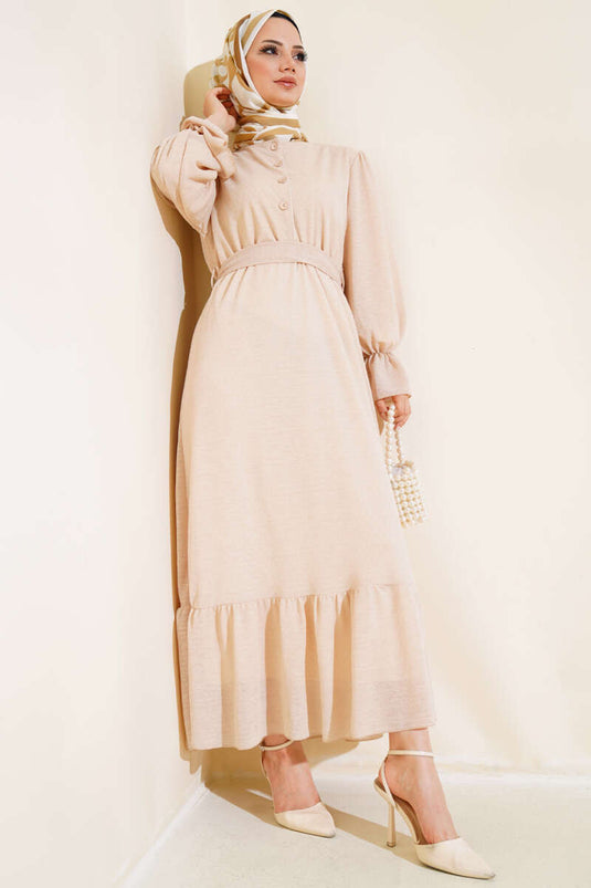 Selvmønstret kjole med elastisk talje beige