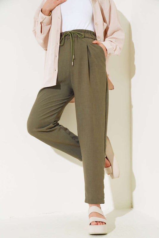 Bel Lastikli Keten Pantolon Haki