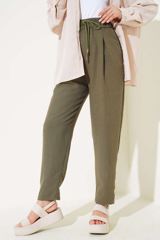 Bel Lastikli Keten Pantolon Haki
