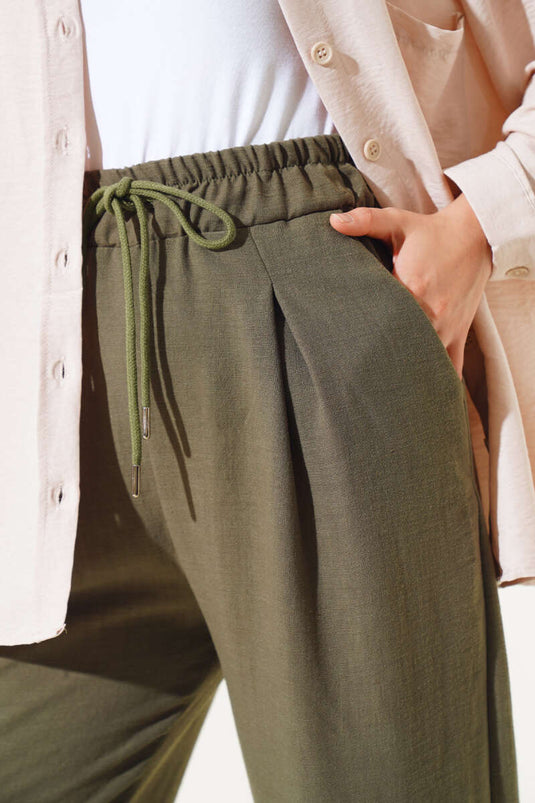 Belted Linen Trousers Khaki