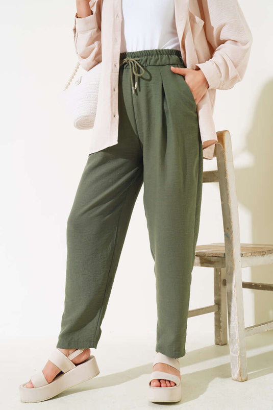 Bel Lastikli Keten Pantolon Nefti