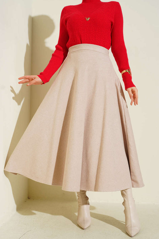 Beige Kaschmirrock mit elastischem Bund und ausgestelltem Rockrand