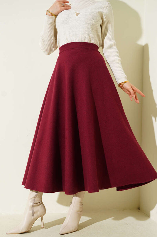 Elastic Waist Flared Cashmere Skirt Burgundy
