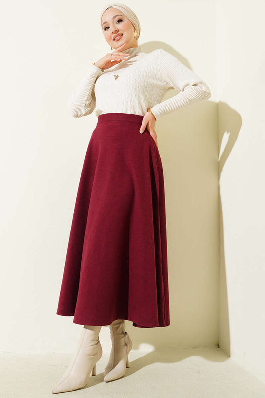 تنورة كشمير واسعة بخصر مطاطي - بورجوندي