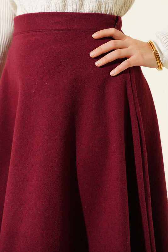 Elastic Waist Flared Cashmere Skirt Burgundy