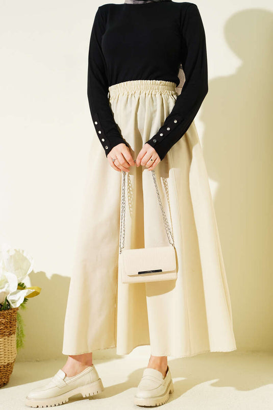 Beige Flared Poplin Skirt with Elastic Waistband