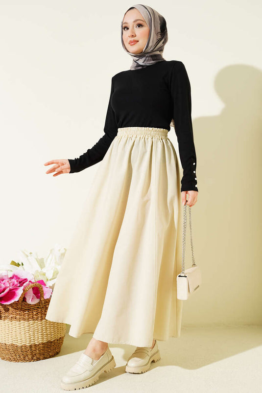 Beige Flared Poplin Skirt with Elastic Waistband