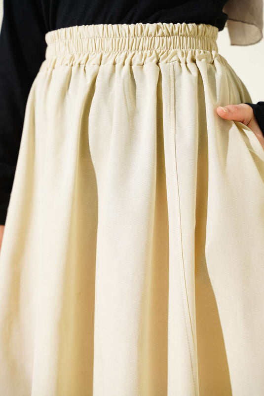 Beige Flared Poplin Skirt with Elastic Waistband