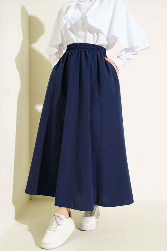 Jupe évasée en popeline avec ceinture élastique bleu marine