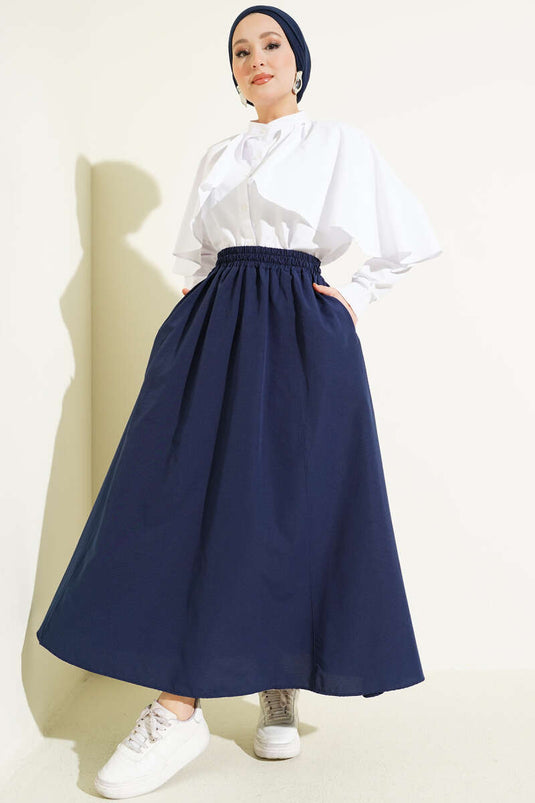 Jupe évasée en popeline avec ceinture élastique bleu marine