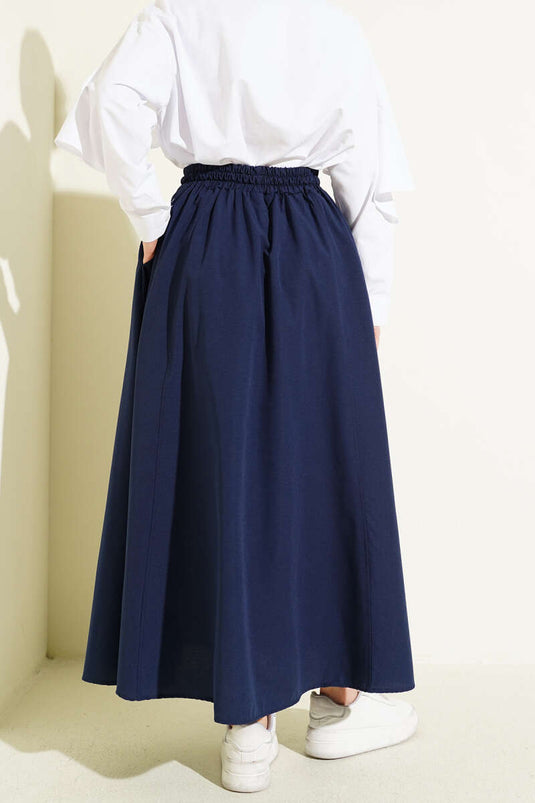 Jupe évasée en popeline avec ceinture élastique bleu marine