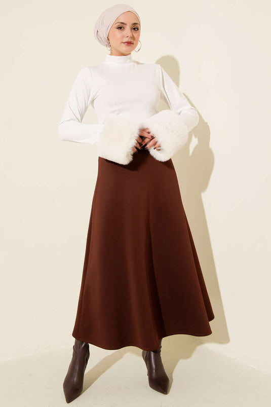 Elastic Waist Flared Scuba Skirt, Brown