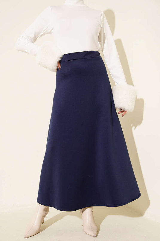 Navy Blue Flared Scuba Skirt with Elastic Waistband