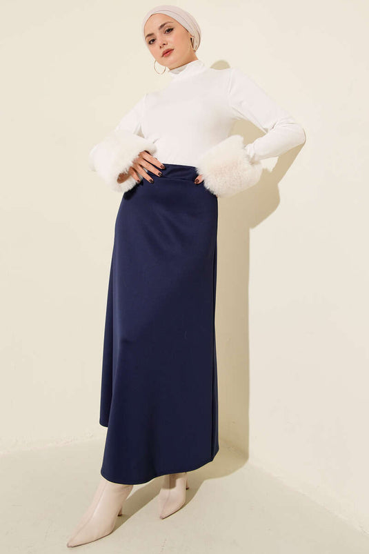 Navy Blue Flared Scuba Skirt with Elastic Waistband