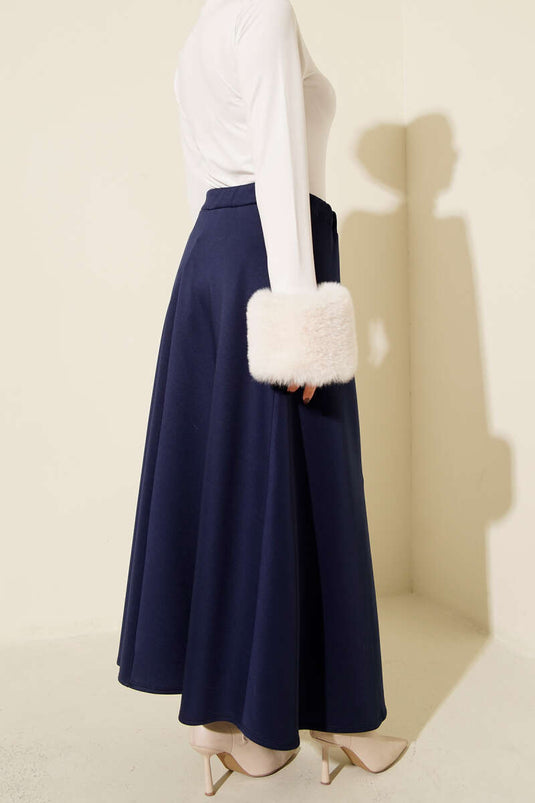 Navy Blue Flared Scuba Skirt with Elastic Waistband