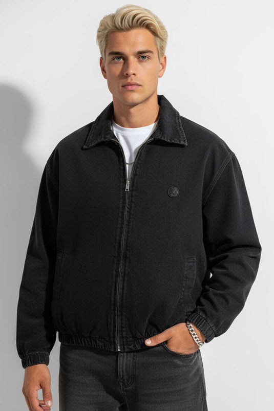 Veste en jean pour homme avec taille élastique, noire
