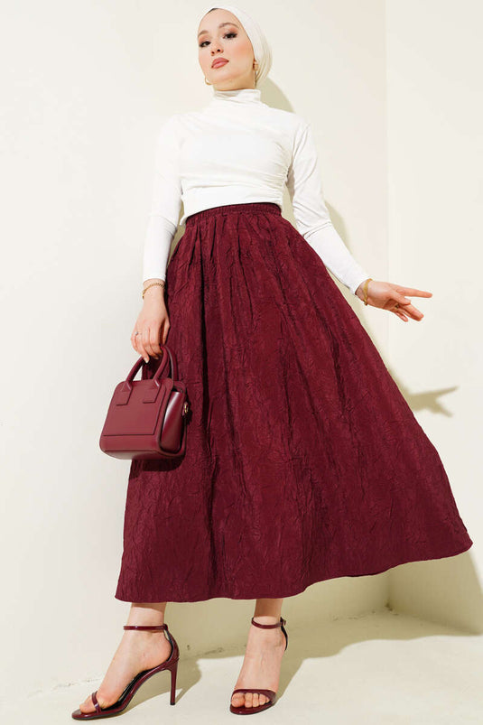 Burgundy Crushed Fabric Skirt with Belt and Pockets