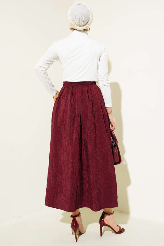 Burgundy Crushed Fabric Skirt with Belt and Pockets
