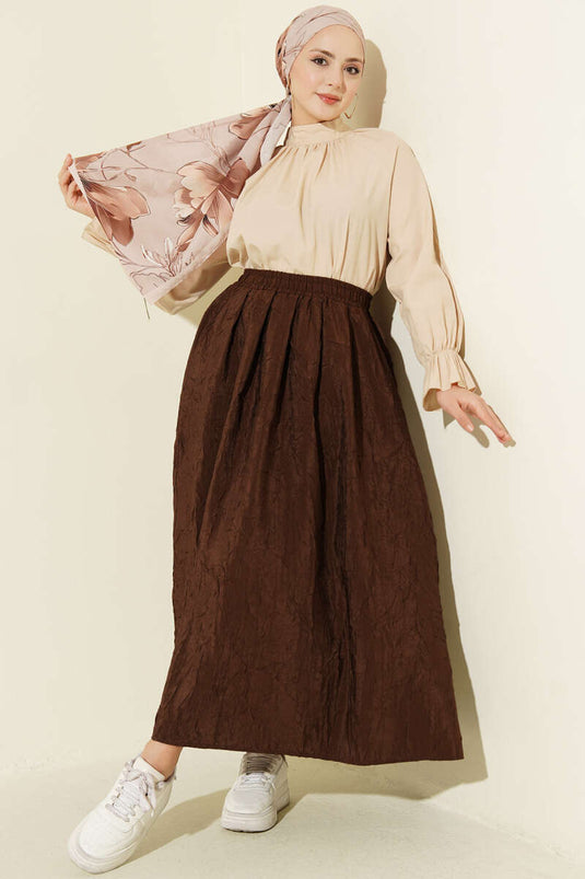 Brown Crinkled Skirt with Elastic Waist and Pockets