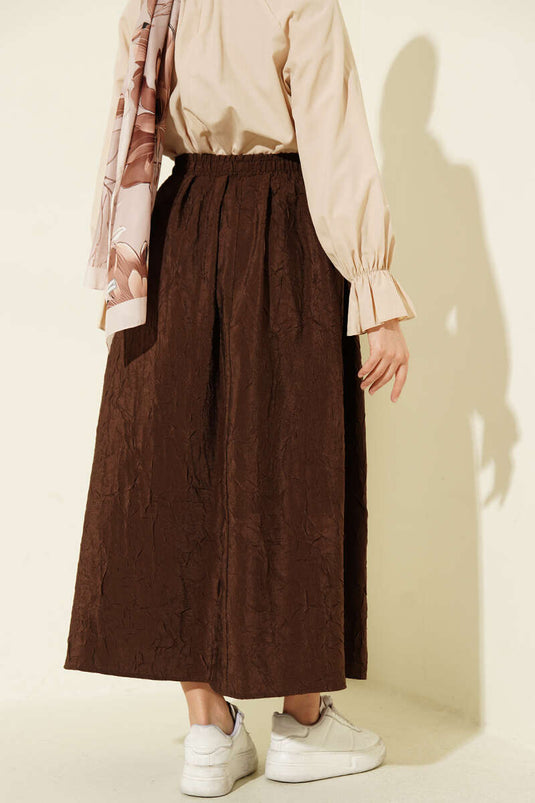 Brown Crinkled Skirt with Elastic Waist and Pockets