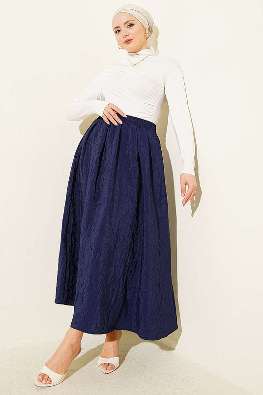 Jupe à poches plissée avec ceinture élastique bleu marine