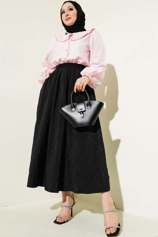 Black Crushed Fabric Skirt with Elastic Waist and Pockets