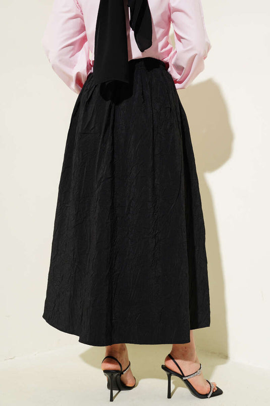 Black Crushed Fabric Skirt with Elastic Waist and Pockets