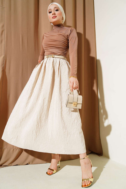Stone-colored Crinkled Skirt with Belt and Pockets