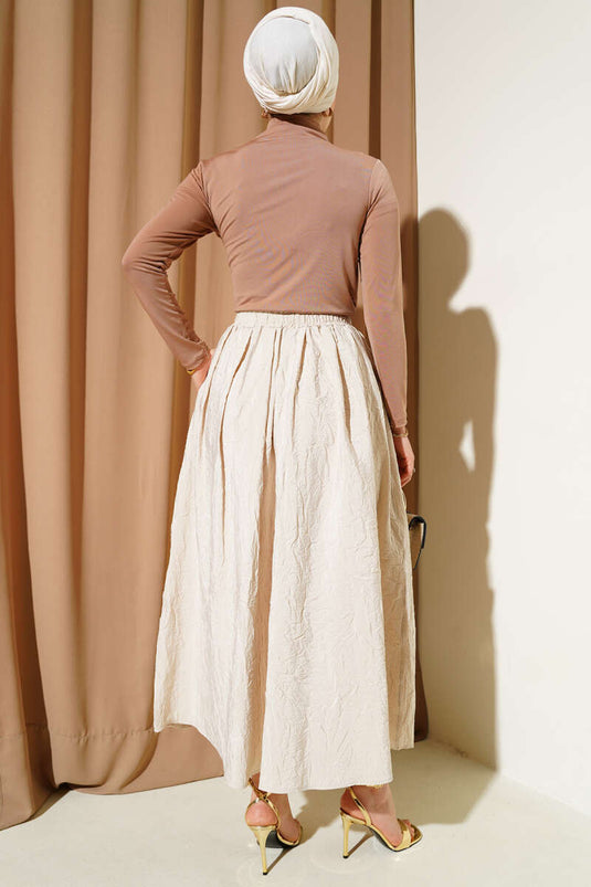 Stone-colored Crinkled Skirt with Belt and Pockets