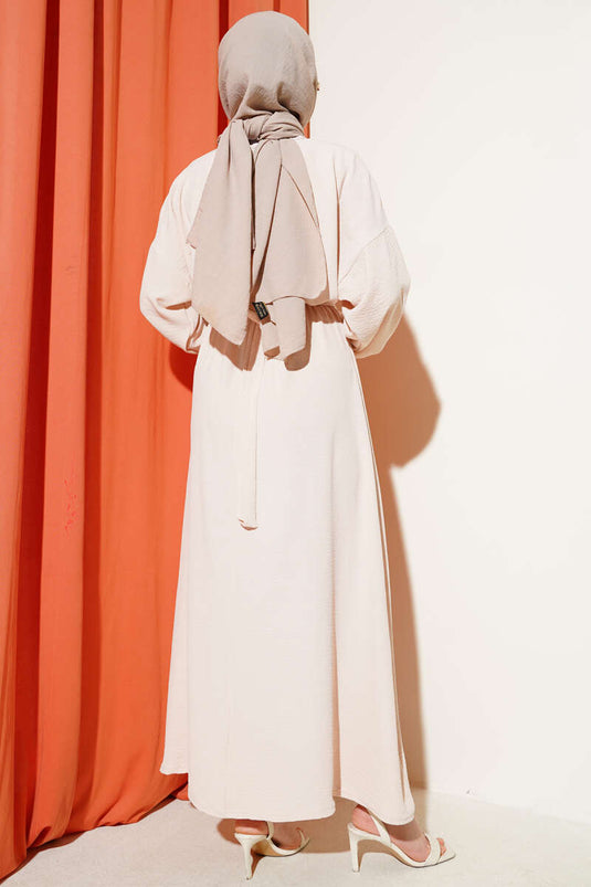 Bel Lastikli Kuşaklı Ayrobin Elbise Bej