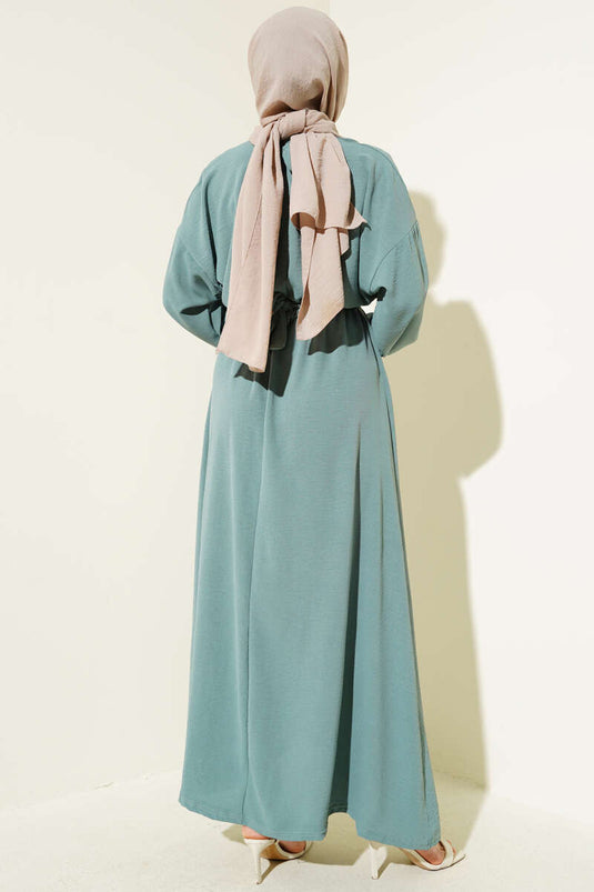 Bel Lastikli Kuşaklı Ayrobin Elbise Çağla Yeşili