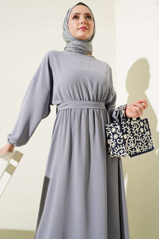 Bel Lastikli Kuşaklı Ayrobin Elbise Gri