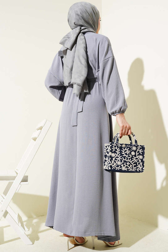 Bel Lastikli Kuşaklı Ayrobin Elbise Gri