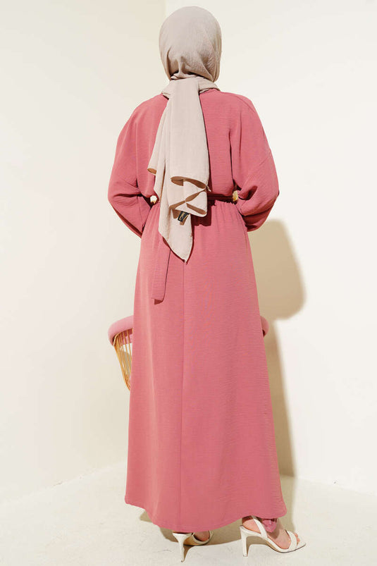 Bel Lastikli Kuşaklı Ayrobin Elbise Gül Kurusu