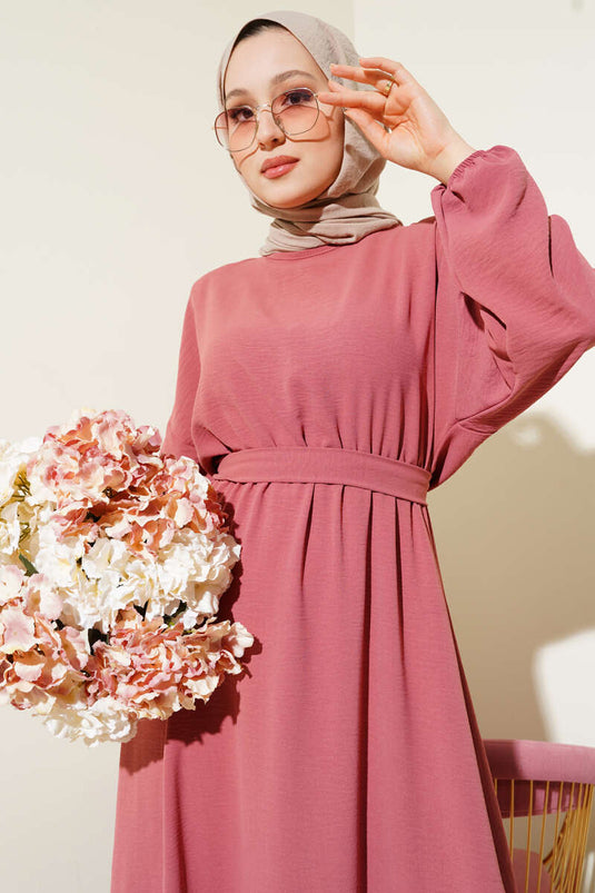 Bel Lastikli Kuşaklı Ayrobin Elbise Gül Kurusu