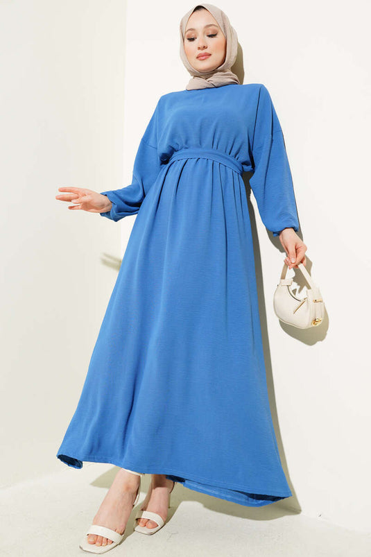 Bel Lastikli Kuşaklı Ayrobin Elbise İndigo