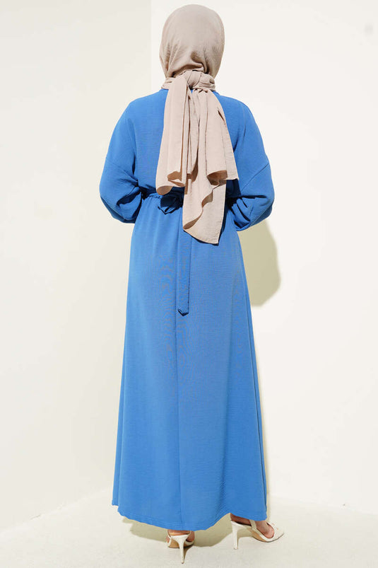 Bel Lastikli Kuşaklı Ayrobin Elbise İndigo