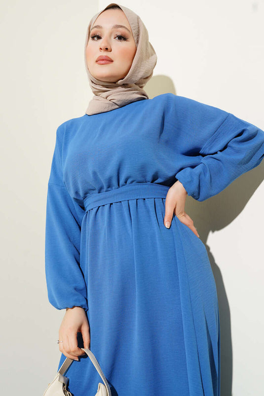 Bel Lastikli Kuşaklı Ayrobin Elbise İndigo