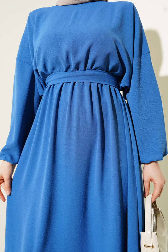 Bel Lastikli Kuşaklı Ayrobin Elbise İndigo