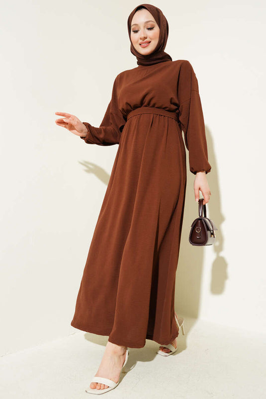 فستان أيروبين بحزام خصر مطاطي بني