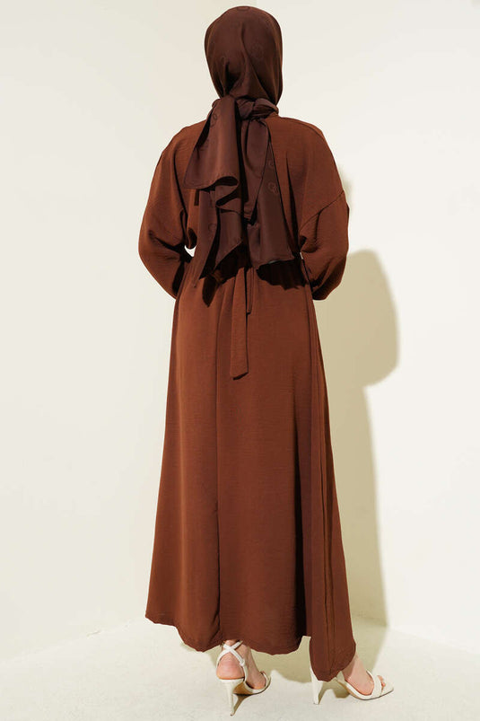 Bel Lastikli Kuşaklı Ayrobin Elbise Kahve