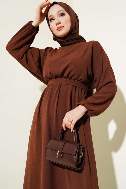 Bel Lastikli Kuşaklı Ayrobin Elbise Kahve