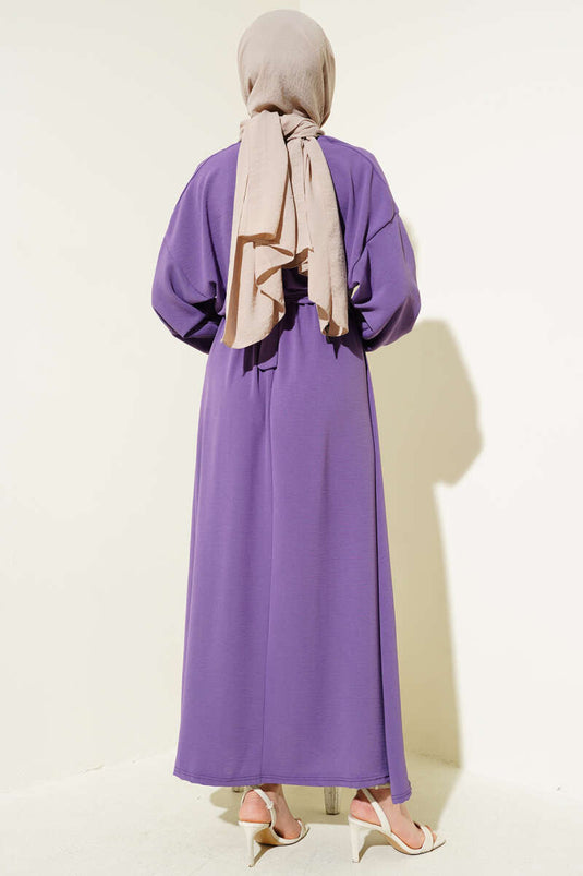 Bel Lastikli Kuşaklı Ayrobin Elbise Mor