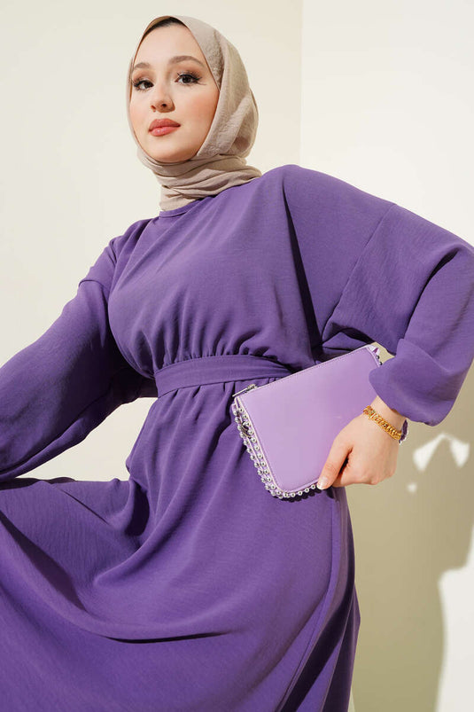 Bel Lastikli Kuşaklı Ayrobin Elbise Mor