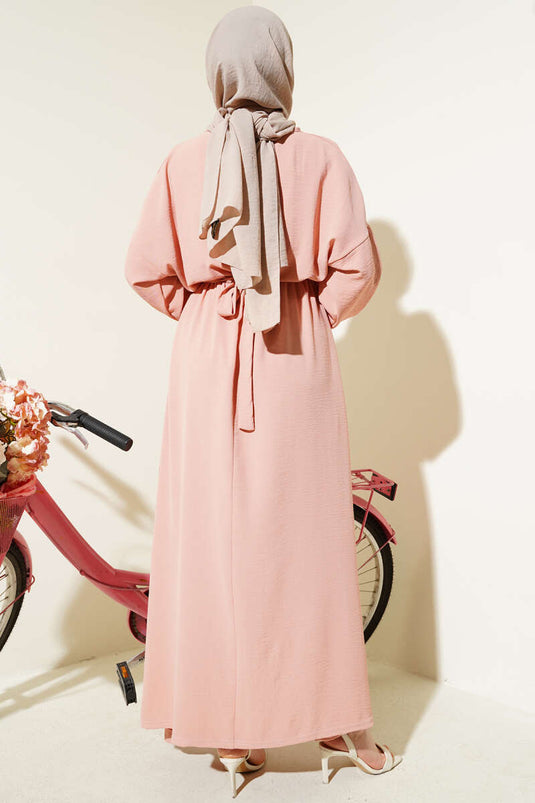 Bel Lastikli Kuşaklı Ayrobin Elbise Pudra