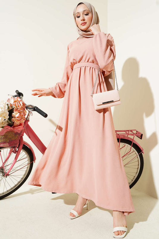 Bel Lastikli Kuşaklı Ayrobin Elbise Pudra