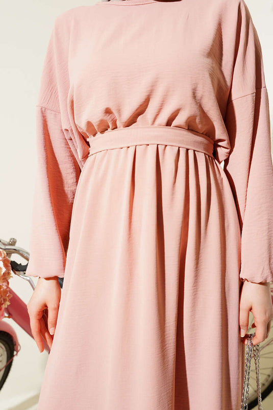 Bel Lastikli Kuşaklı Ayrobin Elbise Pudra