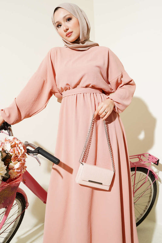 Bel Lastikli Kuşaklı Ayrobin Elbise Pudra