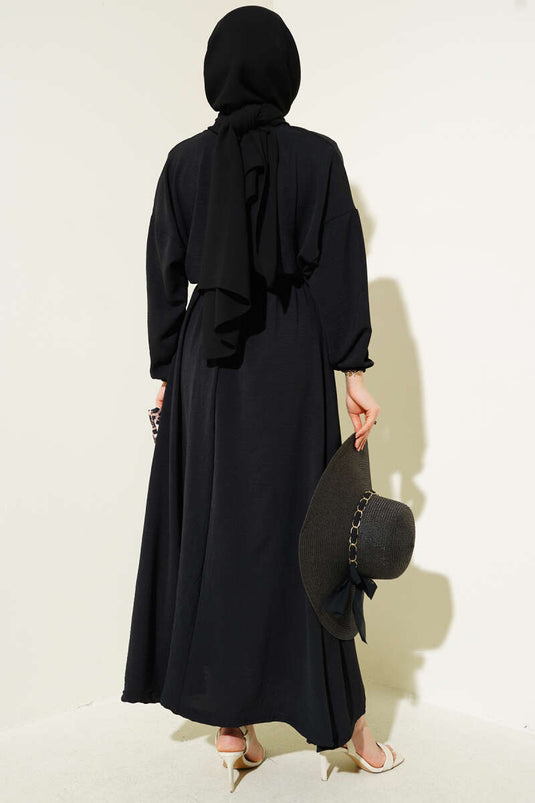 Bel Lastikli Kuşaklı Ayrobin Elbise Siyah